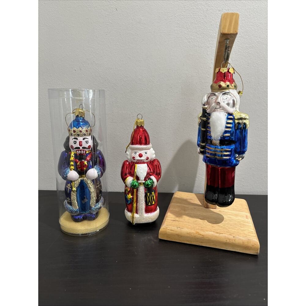 Large 7" Glass Blown Nutcracker Soldier Ornaments Santa's Best Christmas Set 3